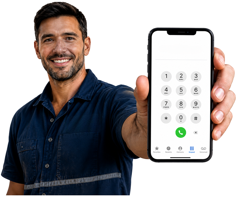 Camden Blocked Drains plumber holding a phone — call 1300 261 965
