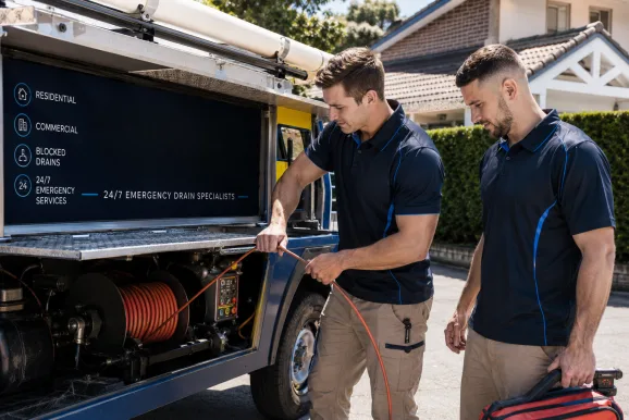 Two plumbers working on a blocked drain in Camden
