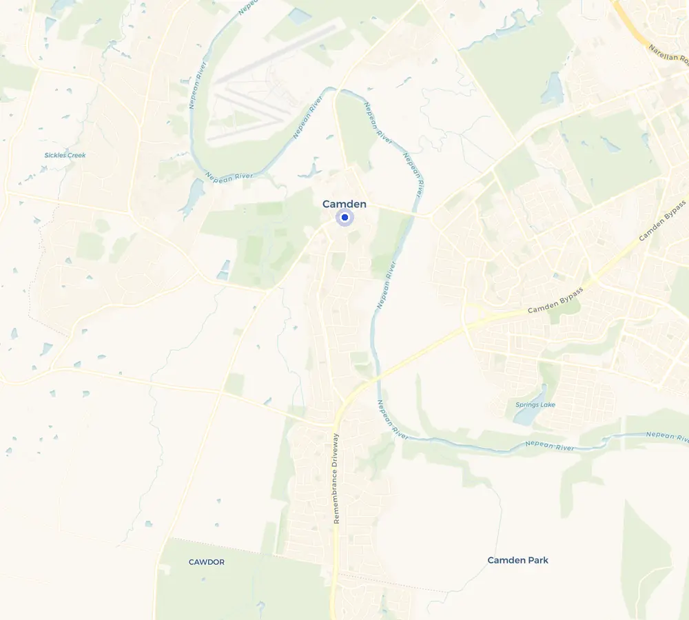 Map of the Camden service area and the surrounding Macarthur, showing Camden and the nearby streets we cover.