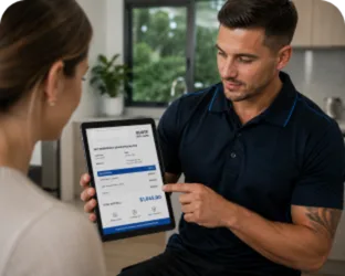 Plumber showing a Camden customer the quote on a tablet