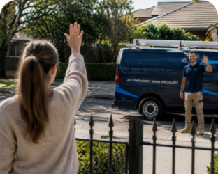 Customer waving goodbye to a Camden Blocked Drains plumber