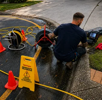 Burst drain pipe being repaired in Camden
